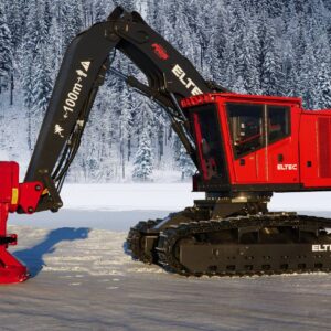 ELTEC FB317 feller buncher in a snowy forest with a Quadco head